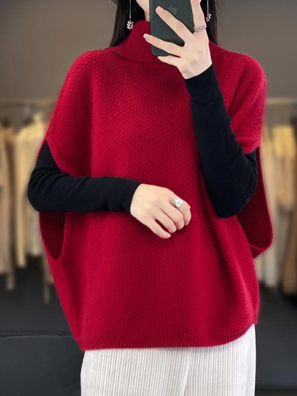 CALIDA ニット ベスト レディース 秋冬 高 calidad 高 級感 高 襟 ノースリーブ セーター ゆったり トップス チュニック 丈 通勤 オフィス カジュアル きれいめ レイヤード 重ね着 無地 杏色 カーキ色 レッド ブラック