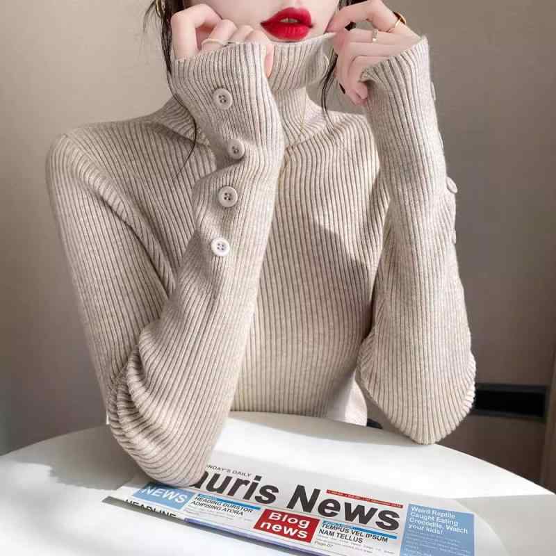 ニット レディース ニットトップス ハイネック プリンセススリーブ 長袖 カットソー ポリエステル 無地..