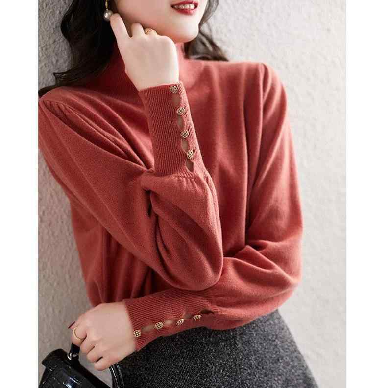 ニット レディース 高襟 ランタンスリーブ プルオーバー 無地 シンプル エレガント トップス 秋 冬 普..