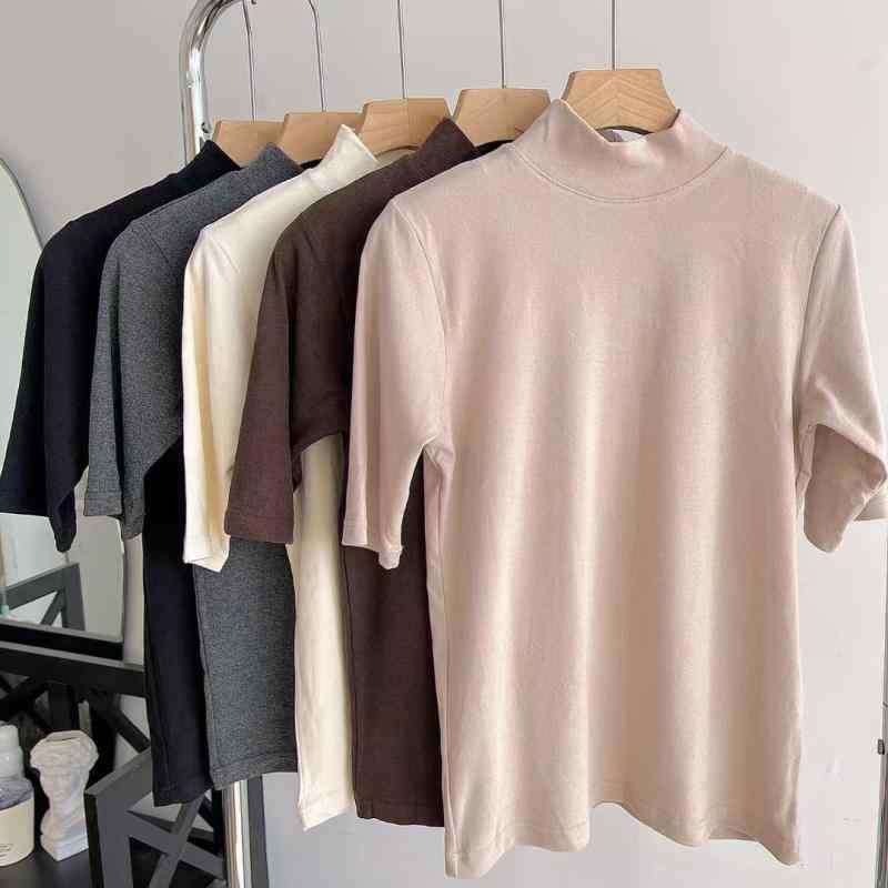 カットソー レディース 女性用 ハーフハイネック 五分袖 インナーウェア 保温性 伸縮性 肌着 黒 ブラッ..