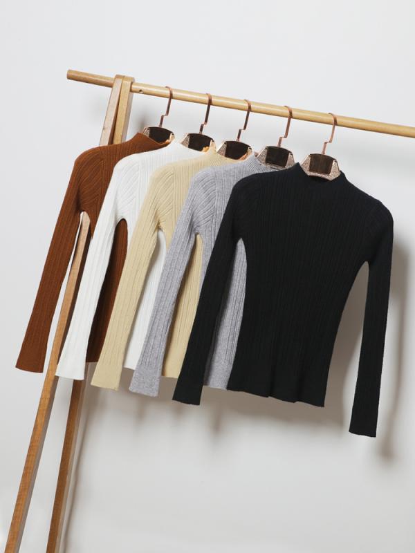 ニット レディース トップス 長袖 半ハイネック スリム ショート丈 リブニット 無地 春秋 白色 黒色 墨..