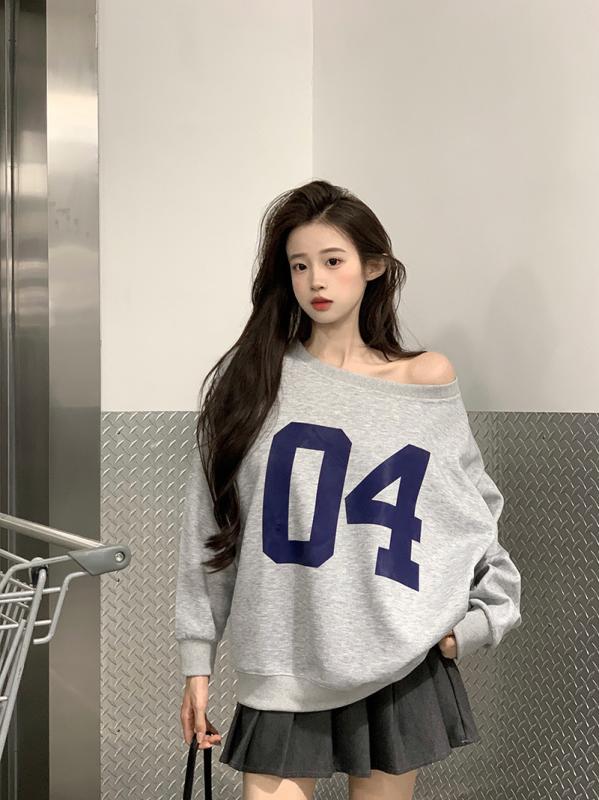 スウェット レディース 秋冬 灰色 ゆったり 斜めネック 長袖 トップス プルオーバー カジュアル 日韓ス..