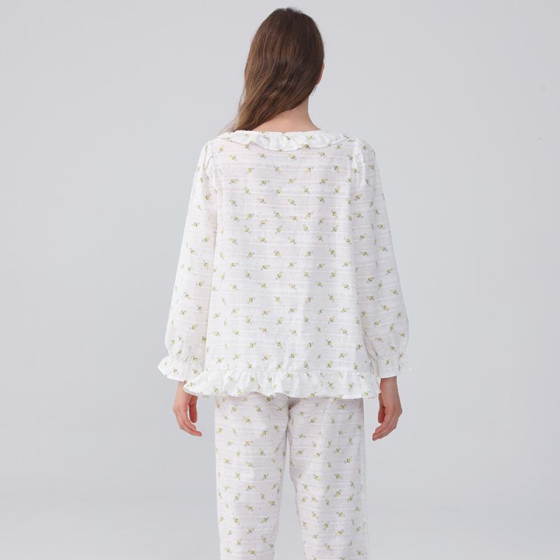 パジャマ レディース 春夏 長袖長ズボン 上下セット 綿 襟付き 花柄 薄手 ルームウェア 部屋着 寝間着 通気性 快適 涼しい かわいい 韓国風(4)