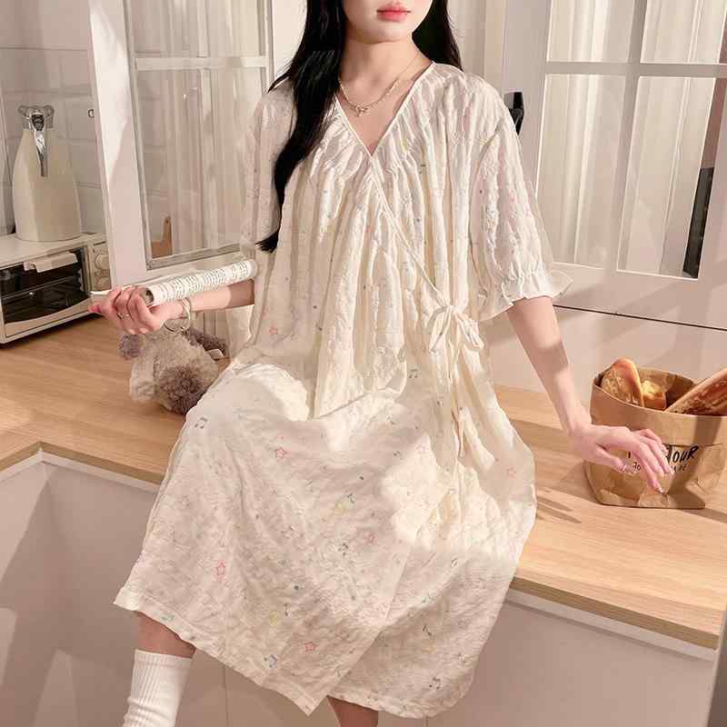 ワンピース レディース ルームウェア 浴衣風 春夏 Vネック 半袖 膝丈 コットン 部屋着 リラックス 快適..