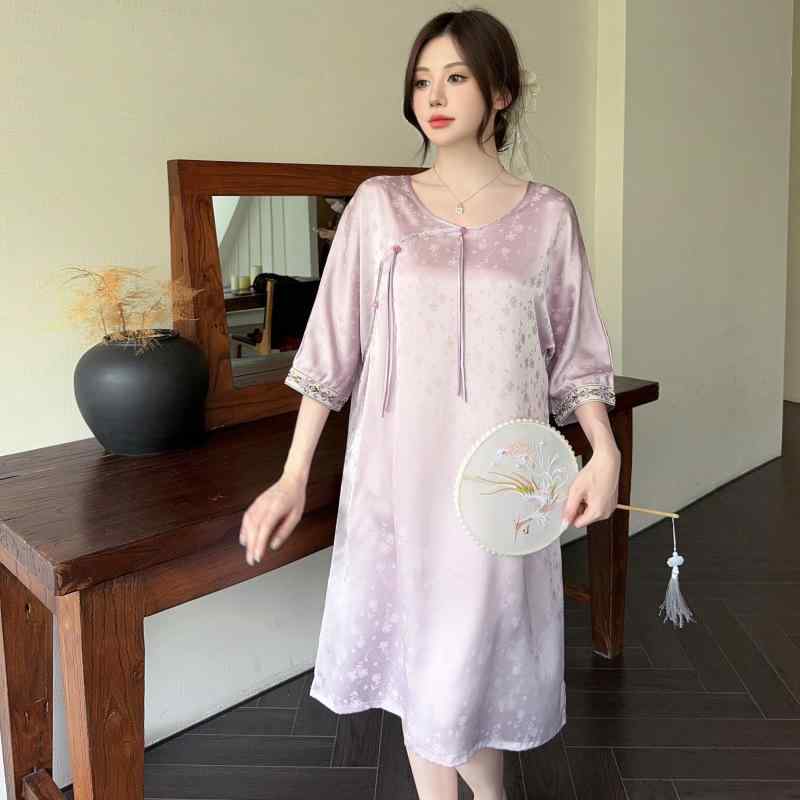 ワンピース レディース 春夏 接触冷感 ルームウェア 7分袖 ミモレ丈 ゆったり 金色 紫 涼しい 快適 部..