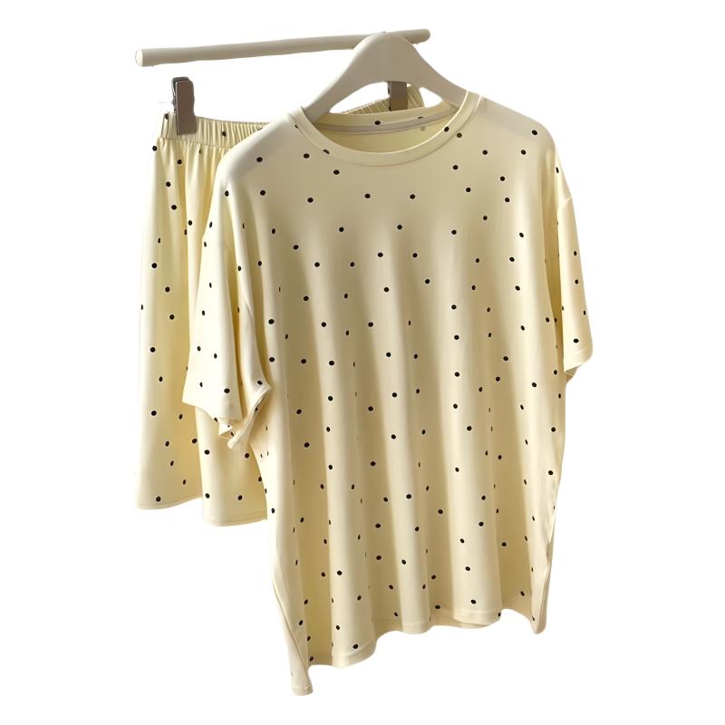 パジャマ レディース ルームウェア 上下セット ドット柄 モダール 薄手 半袖 ハーフパンツ ラウンドネック リラックス ウェア 部屋着 寝間着 春夏 秋 涼しい 快適