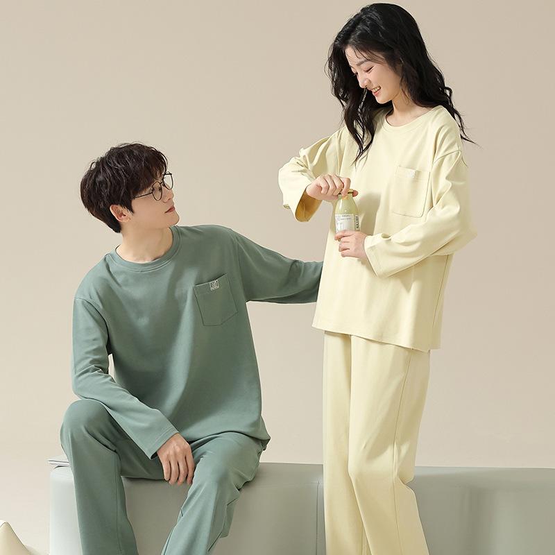 パジャマ レディース メンズ 春秋 長袖 綿 ラウンドネック ルームウェア 上下セット ペア 部屋着 寝巻..