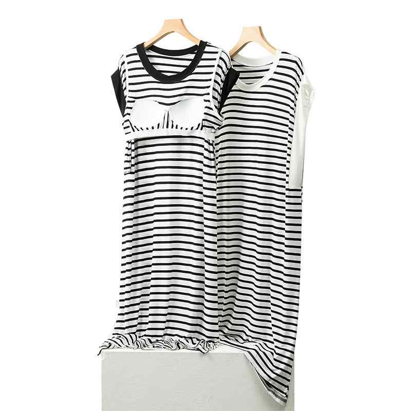 ワンピース レディース ルームウェア 再生繊維 ストライプ柄 M L XL XXL 部屋着 パッド付き ノースリーブ ラウンドネック 涼しい 快適 リラックス ゆったり ブラック系 ホワイト系 かわいい