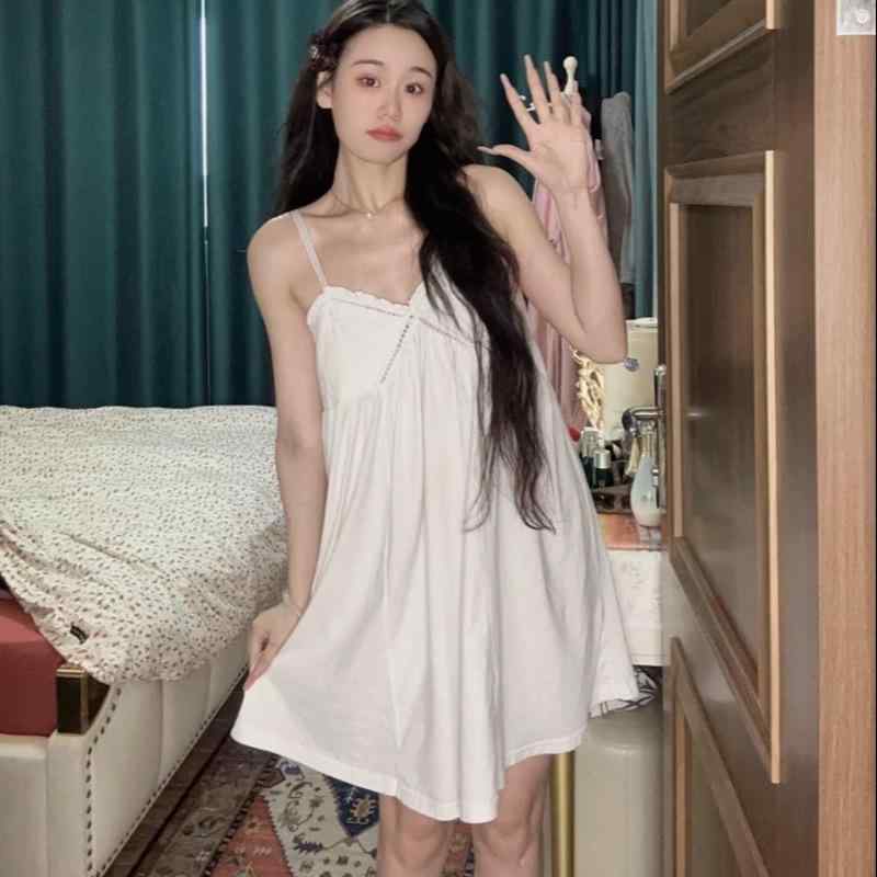 キャミソールワンピース レディース 春夏 部屋着 コットン Vネック ノースリーブ パッド付き ホームウェア 膝丈 薄手 涼しい リラックス かわいい