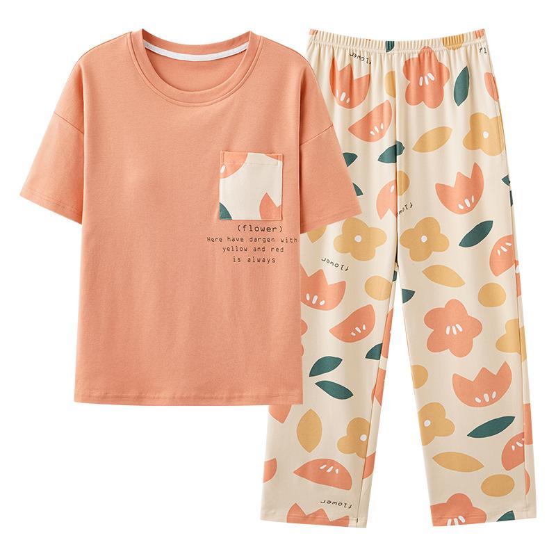パジャマ レディース 半袖長ズボン 上下セット 綿 夏 薄手 ルームウェア 寝巻き 部屋着 ラウンドネック 通気性 伸縮性 外出可能 大きいサイズ かわいい