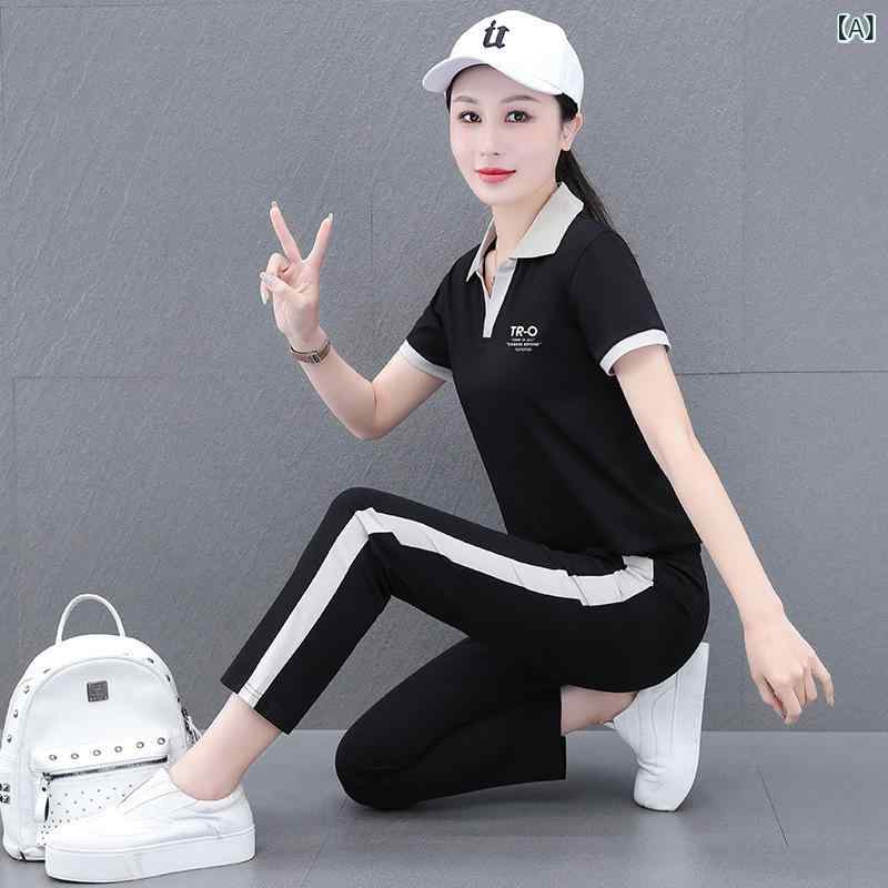 スポーツウェア レディース セットアップ 半袖トップス &amp; パンツ 2点セット ルームウェア 普段使い..