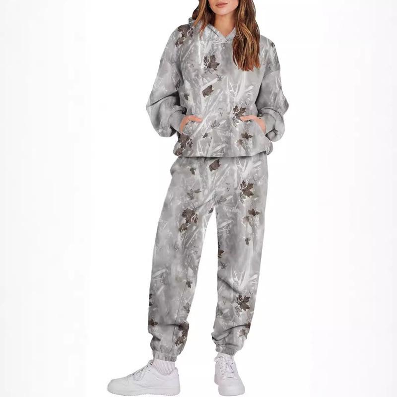 スウェット レディース セットアップ 迷彩柄 メープルリーフ柄 プリント トレーナー 上下セット 欧美風..