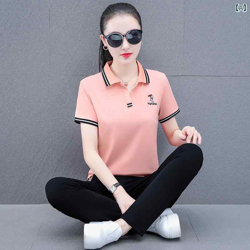 スポーツウェア レディース 上下セット 半袖 薄手 綿 混紡 刺繡 普段使い 部屋着 ピンク ブラック グリーン