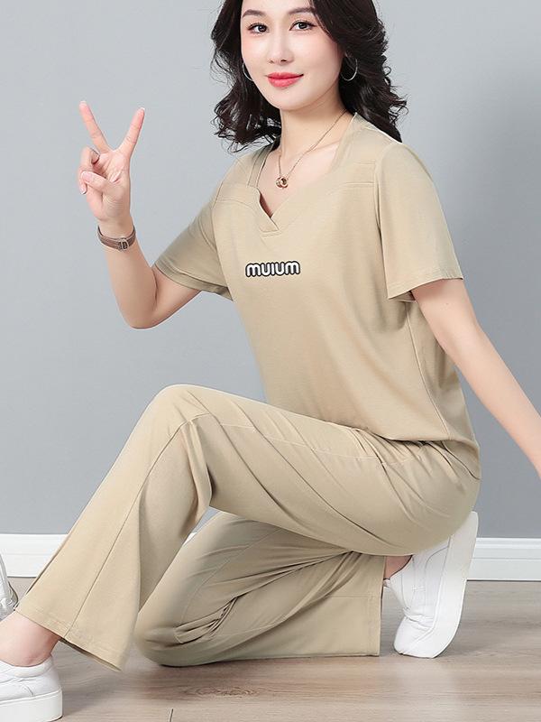 セットアップ レディース 高級感 コットン 半袖 長ズボン 上下 2点セット 普段使い 部屋着 スポーツ ウェア カーキ色 紺色 アーミーグリーン M L XL 2L 3L 4L