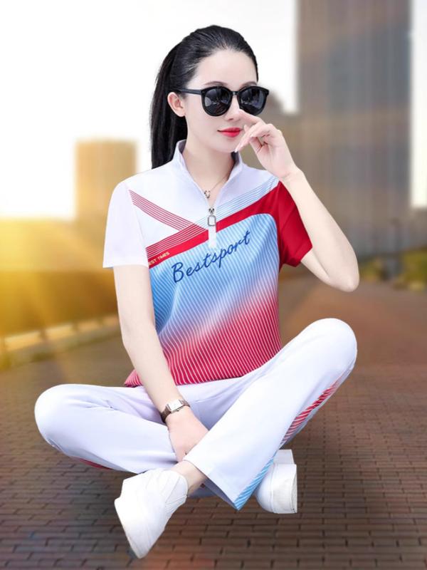 スポーツウェア レディース 2点セット 半袖ロングパンツ 薄手 幾何学模様 プリント ポリエステル ダンス ヨガ 普段使い 部屋着 大 red 緑 ピンク系 青