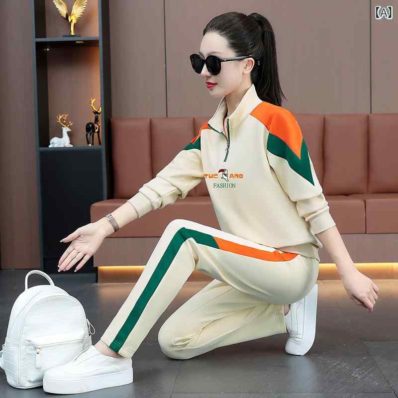 セットアップ レディース 秋 ポロシャツ & パンツ 2点セット 薄手 ミセス 婦人服 スポーツウェア 長袖 ポリエステル 伸縮性 米杏 紺 ワインレッド グレー