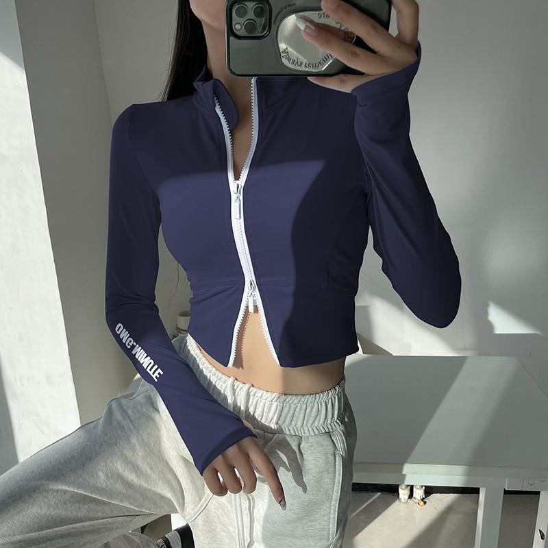 ジャケット レディース スポーツウェア アウター 長袖 ヨガウェア ランニング トレーニングウェア 接触冷感 吸湿速乾 無地 春秋 運動着 天藍色 深宝藍 ブラック
