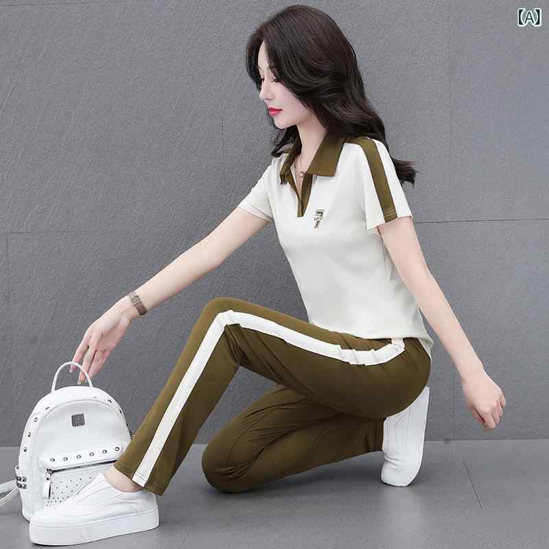 セットアップ レディース ポロシャツ &amp; パンツ 薄手 婦人服 半袖 2点セット カットソー 長ズボン ..