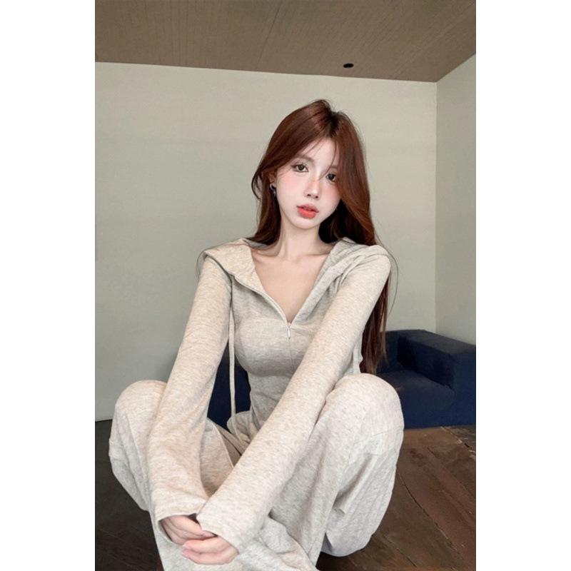 レディース 运动 休闲 セットアップ 綿混紡 パーカー アウター ワイドレッグパンツ 上下セット 炭グレ..