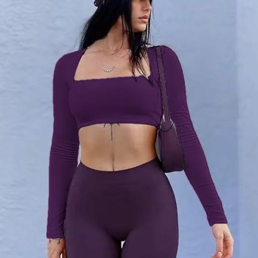 Tシャツ レディース 女性用 長袖 ショート丈 へそ出し セクシー 伸縮性 吸湿速乾 スポーツ ランニング ヨガ グレー ブラック レッド グリーン ブルー パープル