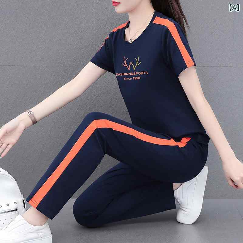 スポーツウェア レディース 半袖長ズボン セットアップ 薄手 綿混紡 接触冷感 配色 春夏 部屋着 普段使い 宝 blue 緑 オレンジ ピンク 赤 カーキ グレー M L XL 2L 3L 4L