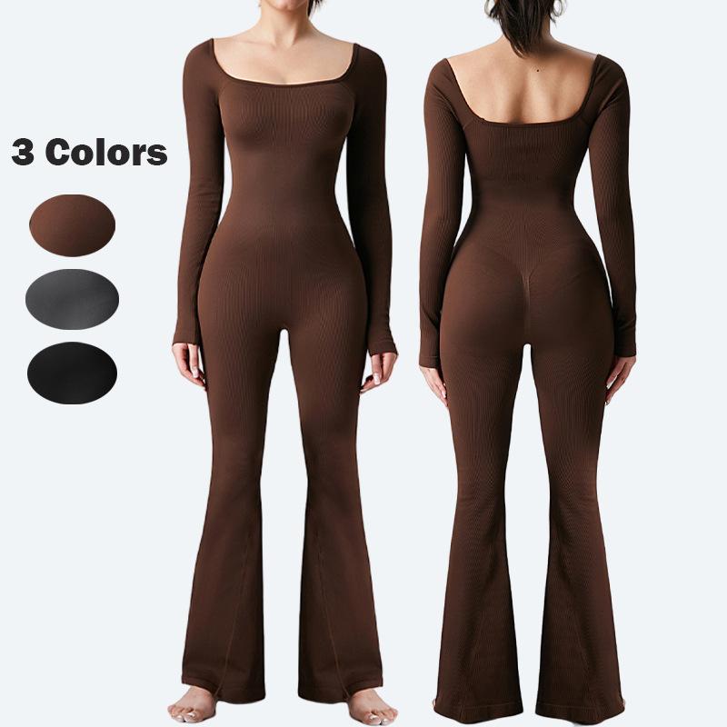 ヨガウェア レディース 3色 ピーチヒップ ラッパパンツ シームレス ヨガ 連体服 プラティ フィットネス トレーニング スポーツウェア 超伸縮性 カフェ ブラック グレー