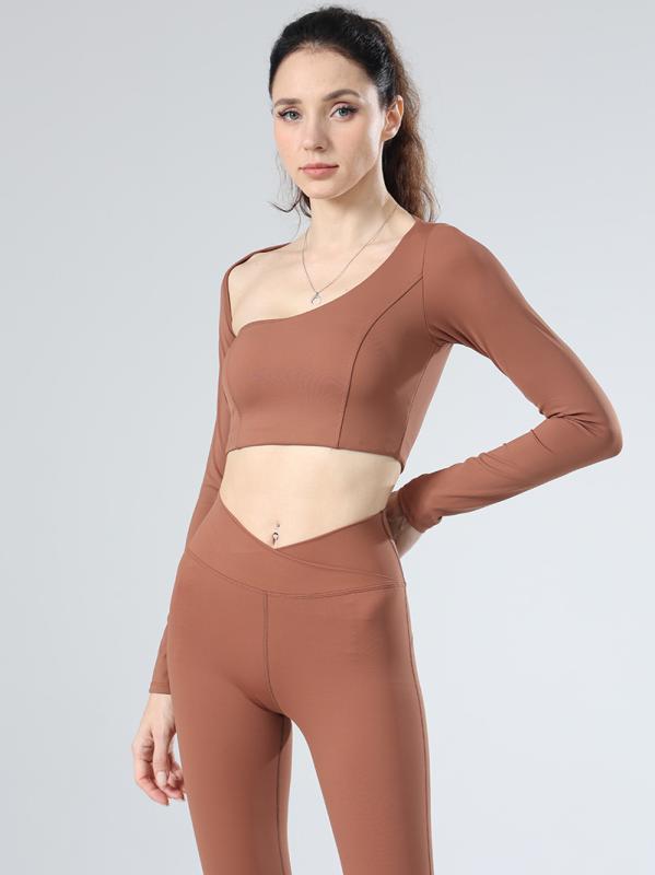 ヨガウェア レディース 秋冬 トップス 長袖 スポーツブラ付き 無縫製 タイト 伸縮性 通気性 ヨガ ピラティス ランニング ジム チョコレートブラウン ブラック オフホワイト2