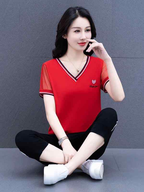 セットアップ レディース 半袖 7分丈パンツ コットン Vネック 刺繍 運動着 ルームウェア 部屋着 ブラック ピンク系