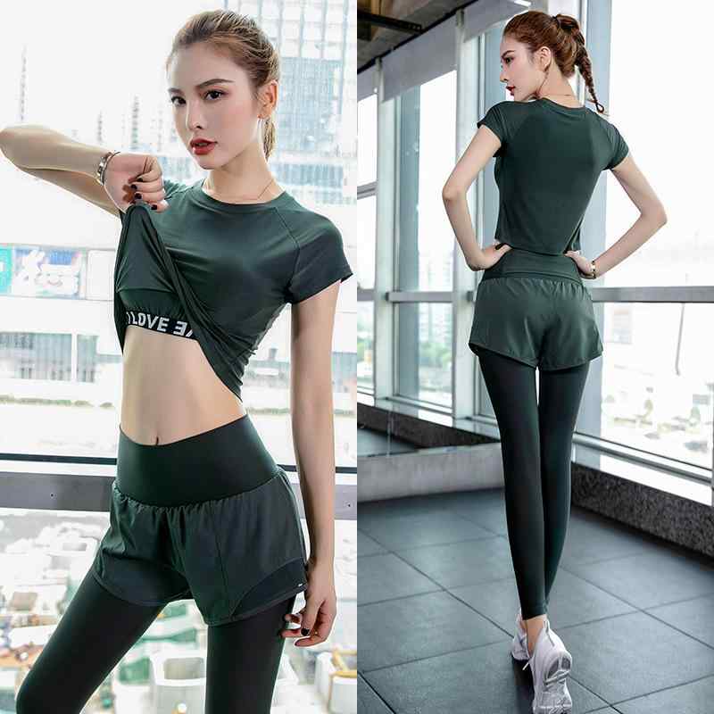 ヨガウェア レディース セットアップ Tシャツ ショート丈 レギンス付き パッド付き スポーツウェア ランニングウェア ダンスウェア トレーニングウェア 吸湿速乾 春夏 ブラック ピンク系 グリーン パープル 超弾性