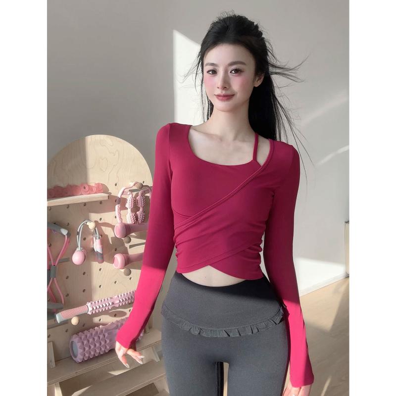 ヨガウェア レディース スポーツトップス 長袖 へそ出し丈 トレーニングウェア パッド付き ウエストシェイプ 細見え 速乾性 伸縮性 フィットネス ピラティス ランニング 春秋冬 野莓色 コーヒー色 ミルクホワイト ブルー
