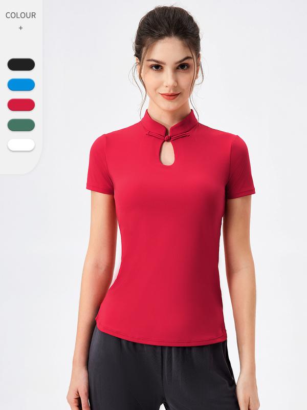 ヨガウェア レディース トップス 半袖 パッド付き 中華風 チャイナボタン 吸湿速乾 スポーツ Tシャツ ..