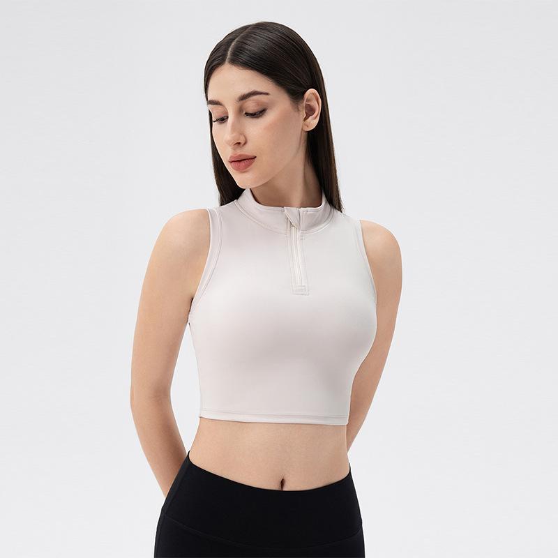ヨガウェア レディース スポーツタンクトップ ノースリーブ ハイネック フロントジッパー スリムフィッ..
