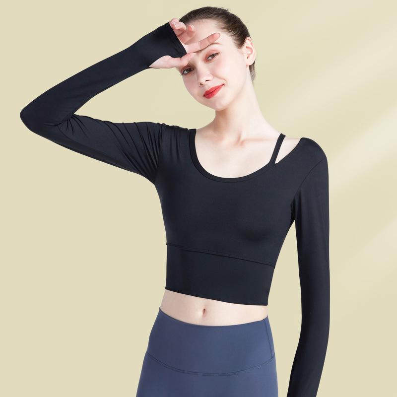 ヨガウェア レディース 長袖 春秋 トレーニングウェア トップス へそ出し 丈 短め ピラティス ウェア スポーツウェア ジム ウェア ストレッチ 伸縮性 吸湿速乾 ヨガ ダンス ランニング ジョギング 運動着 S M L XL グリーン ブラック ブル2