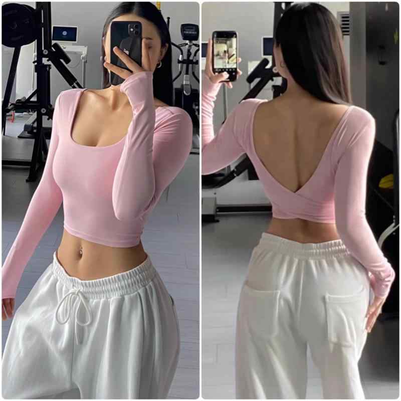 ヨガウェア レディース 秋冬 長袖 スポーツトップス カップ付き ショート丈 トレーニングウェア フィットネス ピラティス アンコーラレッド 水紅 アイボリー ブラック