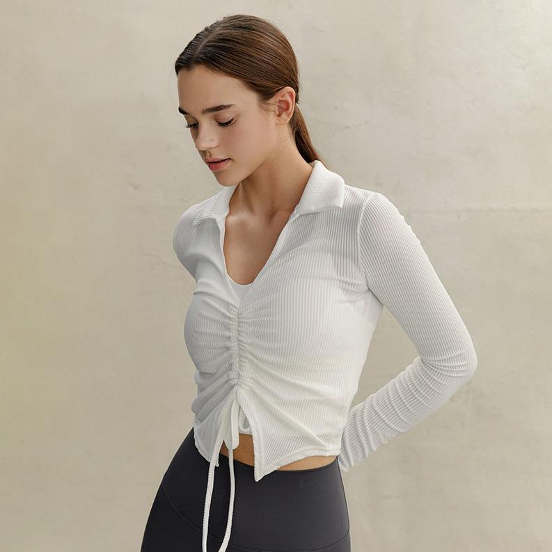 ヨガウェア レディース ポロシャツ 長袖 トップス カットソー 綿 無地 伸縮性 通気性 スポーツウェア ..