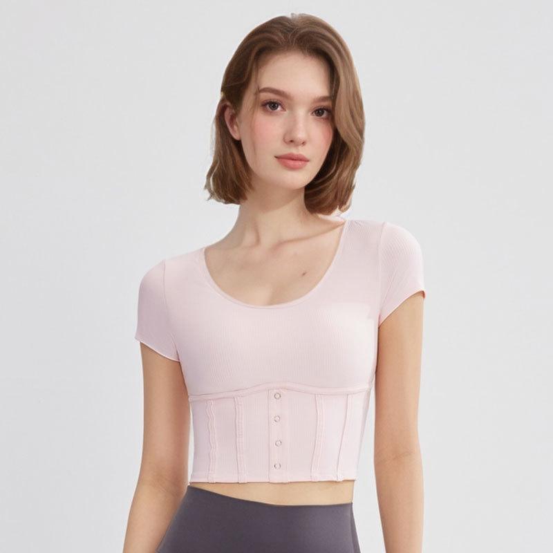 ヨガウェア レディース 半袖 スポーツトップス 一体型カップ付き ラウンドネック スリム 通気性 吸湿速..