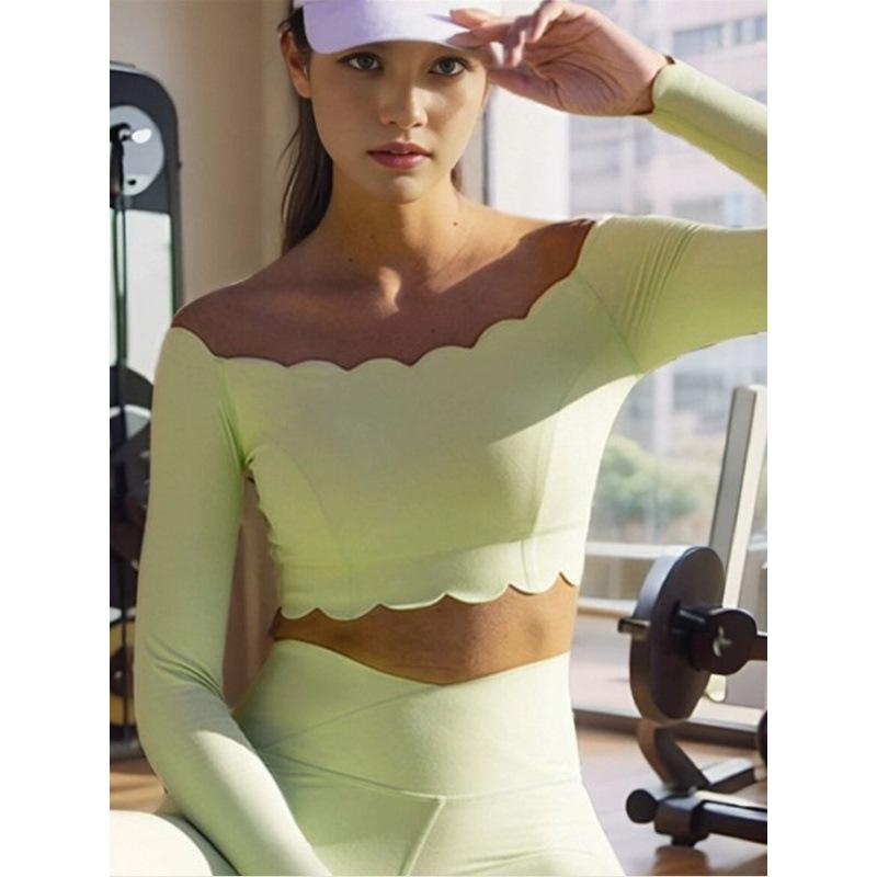 ヨガウェア レディース スポーツブラ付きトップス 長袖 ショート丈 レース へそ出し タイト フィットネ..