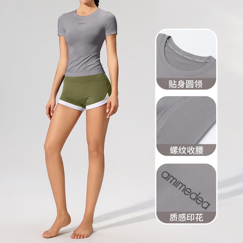 ヨガウェア レディース スポーツトップス Tシャツ 半袖 ショート丈 スリムフィット トレーニングウェア ランニング フィットネス ピラティス 吸湿速乾 ストレッチ 春夏秋冬 米白色 豆沙粉 魔法灰 ブラック 果绿色 香芋紫