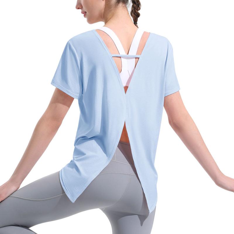 Tシャツ レディース ヨガウェア トレーニングウェア トップス 吸湿速乾 接触冷感 背中開き Vネック 半..