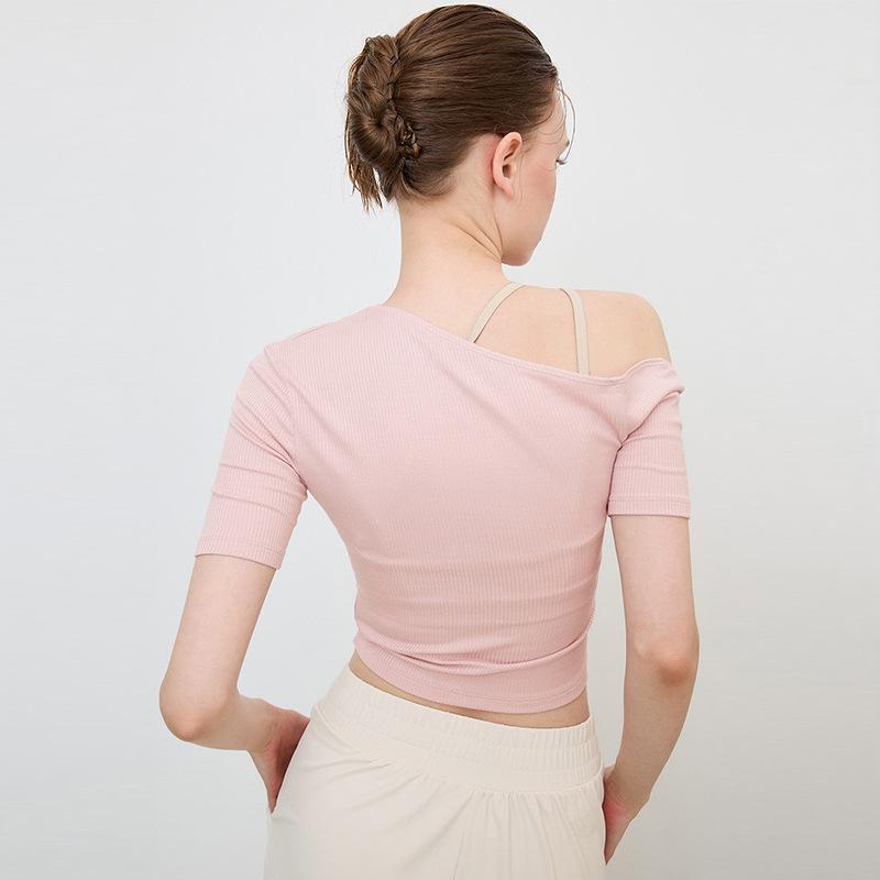 Tシャツ レディース 半袖 ヨガウェア スポーツトップス 接触冷感 吸湿速乾 ストレッチ 斜め肩出し スリムフィット ランニング ウェア 春夏 ピンク系 ブルー2