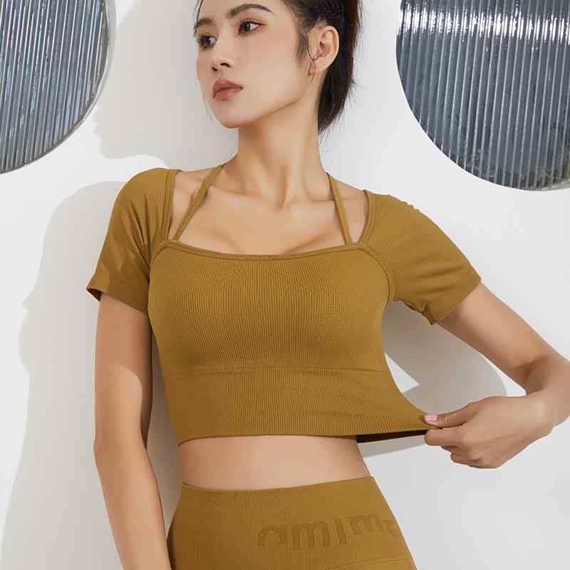 ヨガウェア レディース 半袖 スポーツブラ付き トップス 吸汗速乾 ストレッチ 快適 トレーニング ランニング フィットネス 春夏秋冬