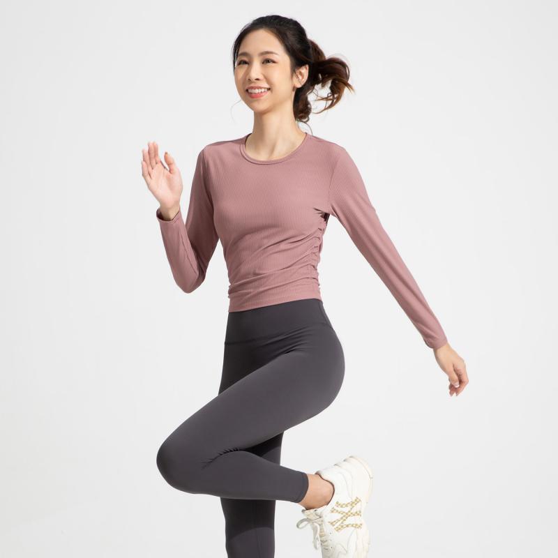 ヨガウェア レディース リブ 長袖 Tシャツ スポーツ ランニング 健身 トップス スリムフィット 吸湿速乾 春秋冬 ブラック カーキ ローズ アイボリー S M L XL