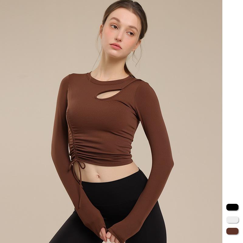 ヨガウェア レディース 秋冬 長袖 スポーツトップス カップ付き ドローストリング 無地 伸縮性 通気性 ..