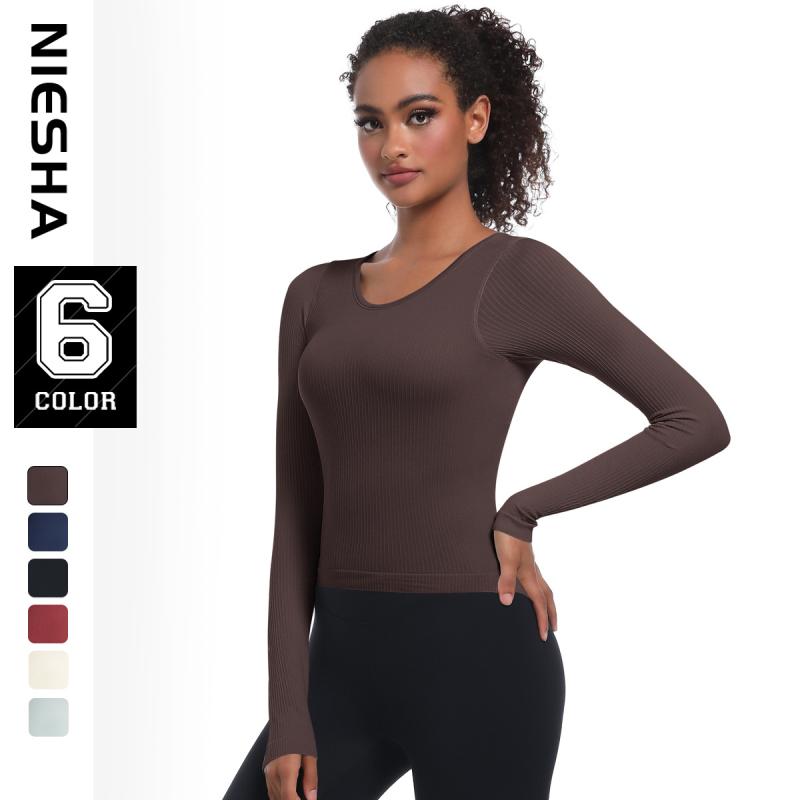 ヨガウェア レディース スリムフィット ロングスリーブ ストライプ トレーニングウェア スポーツトップ..