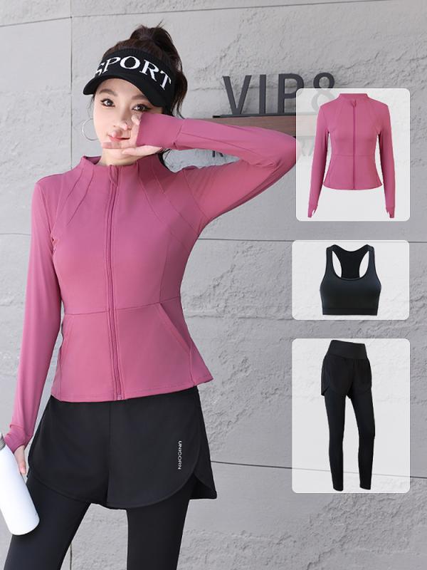 ヨガウェア レディース 大きいサイズ 長袖 トップス パンツ 上下セット 3点セット スポーツウェア トレーニングウェア ランニングウェア 体型カバー 吸汗速乾 ストレッチ アウトドア ブラック ブルー ピンク系