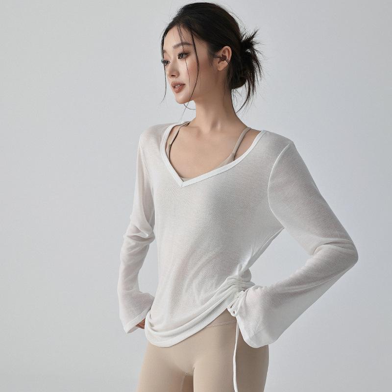 ヨガウェア レディース 薄手 スポーツトップス Vネック 長袖 Tシャツ トレーニングウェア ジム ウェア 速乾 伸縮性 ストレッチ 快適 ゆったり 体型カバー ベージュ ホワイト ピンク パープル