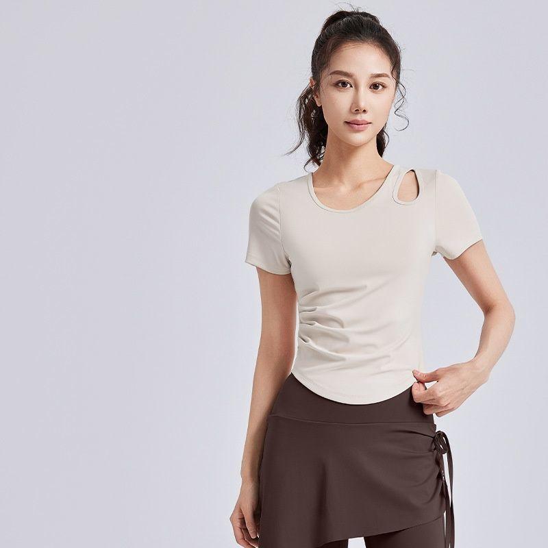 ヨガウェア レディース 半袖 Tシャツ ブラパッド付き トレーニング トップス スリム 細見え ポリエステル 接触冷感 吸湿速乾 アイボリー ブラック ピンク系 グリーン