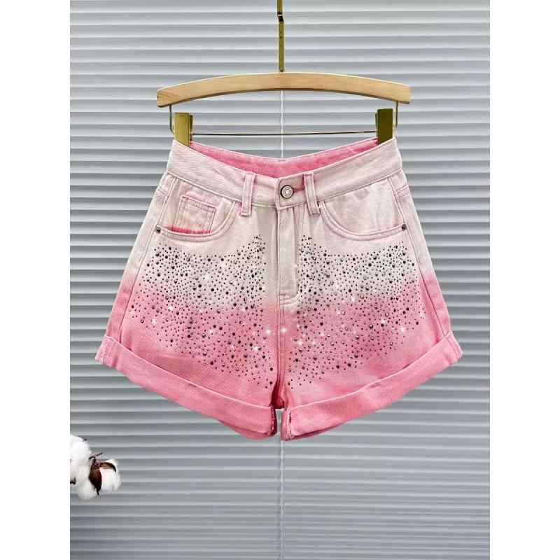 デニム レディース ショートパンツ 春夏 高見え スタイリッシュ ホットパンツ ジーンズ Gパン ジーパン 短パン ワイドレッグ ハイウエスト コットン ゆったり 体型カバー 美脚 脚長効果 グラデーション ピンク系 パープル