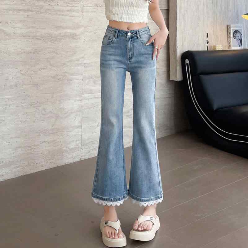 デニム レディース デニムパンツ ジーンズ ジーパン 裾レース 裾フレア 裾広がり ハイウエスト 美脚 スタイルアップ 8分丈 9分丈 涼しい 薄手 きれいめ かわいい オフィスカジュアル 通勤(3)
