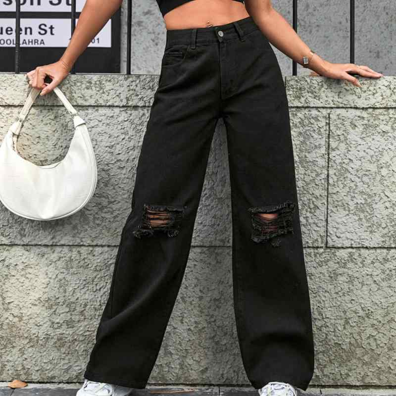 デニム レディース ジーパン ズボン・パンツ 高腰 ワイドレッグパンツ ストレートパンツ ダメージ加工 ..